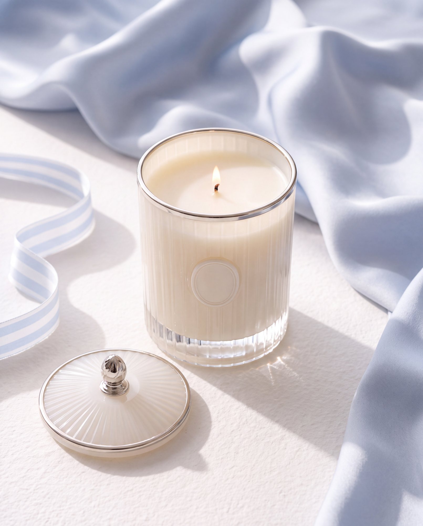 A lit candle in a fluted glass with its lid set aside