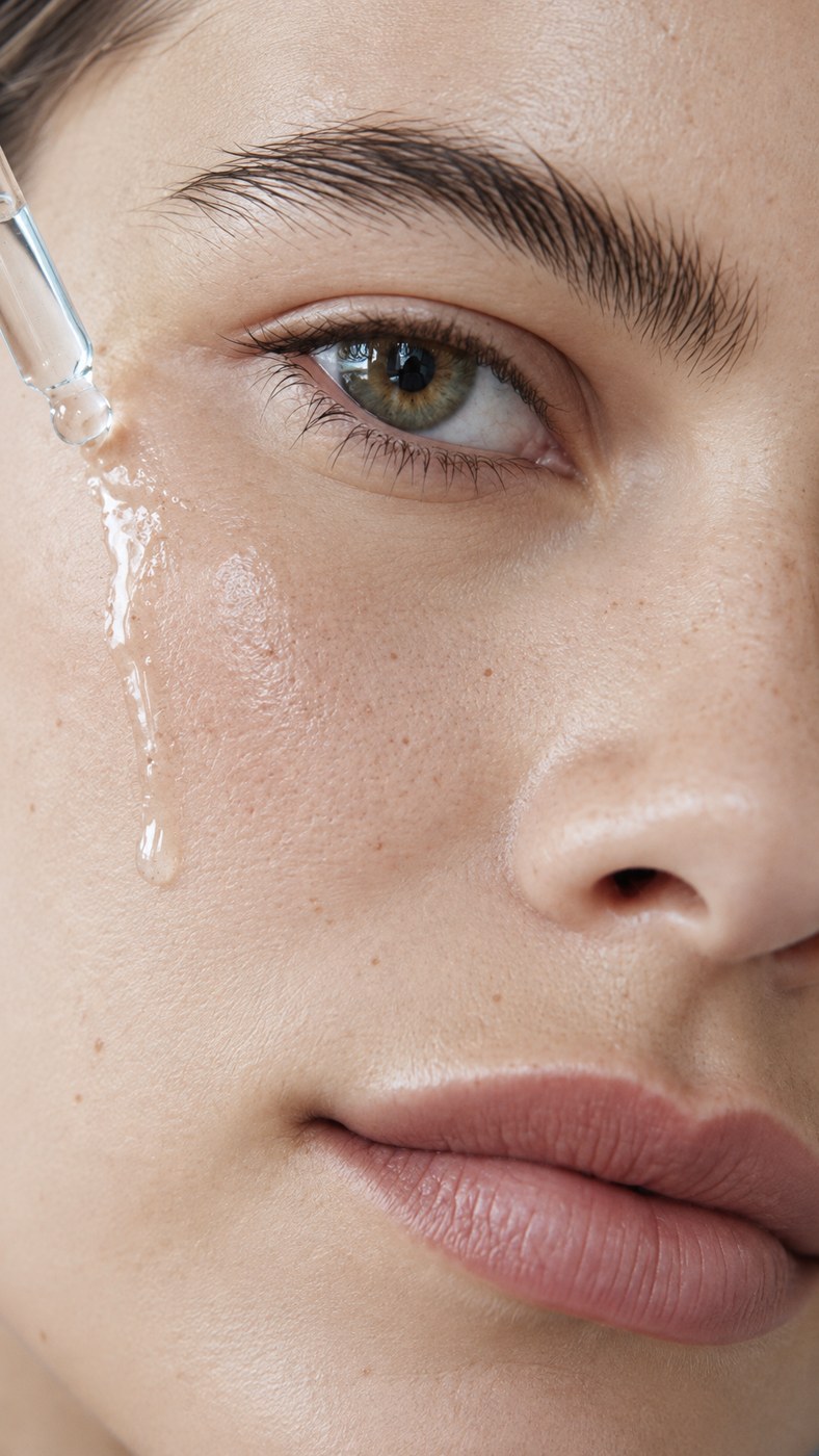 A close-up of radiant skin as a dropper releases serum along the cheek