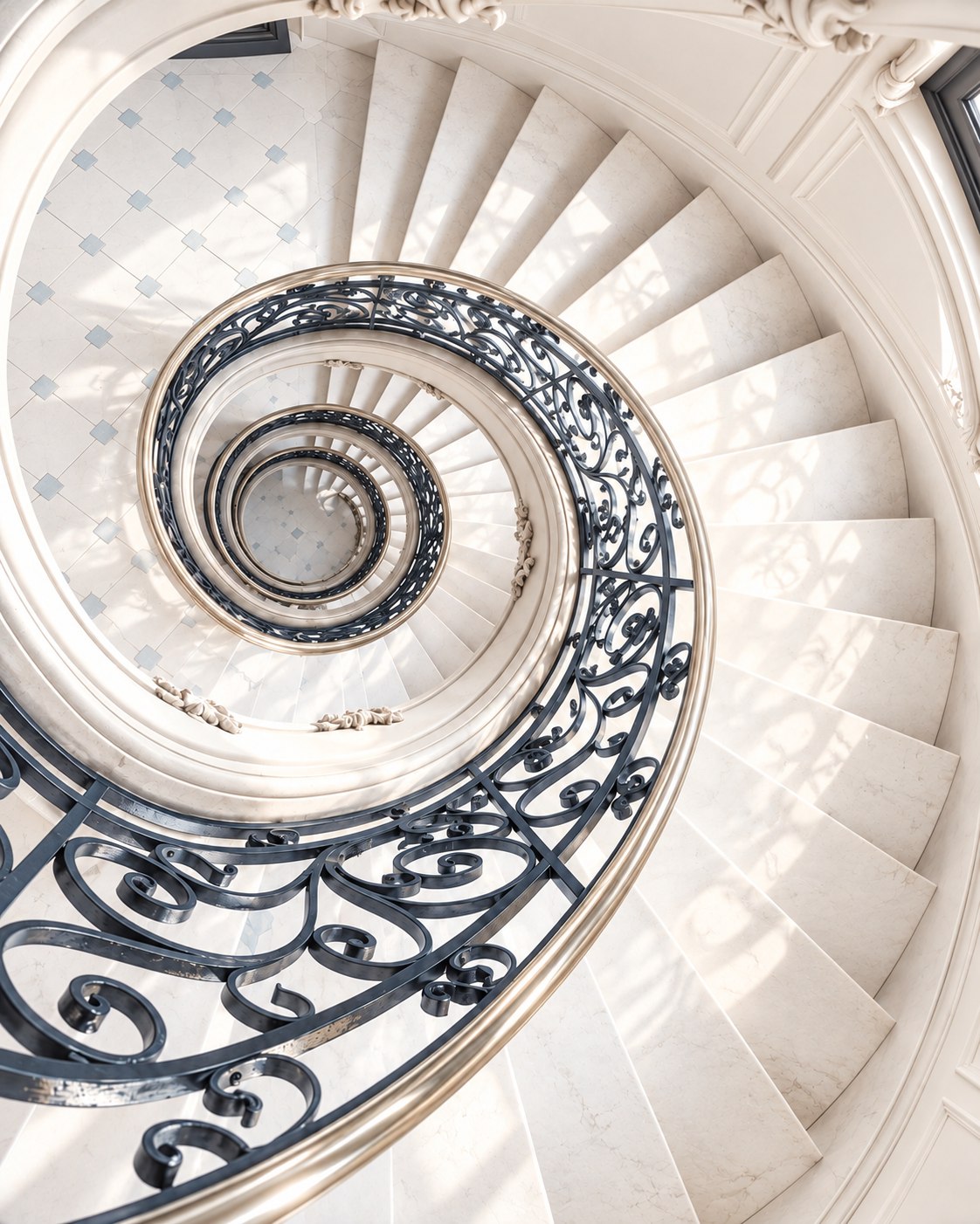 A white marble spiral staircase with a wrought-iron balustrade, seen from above