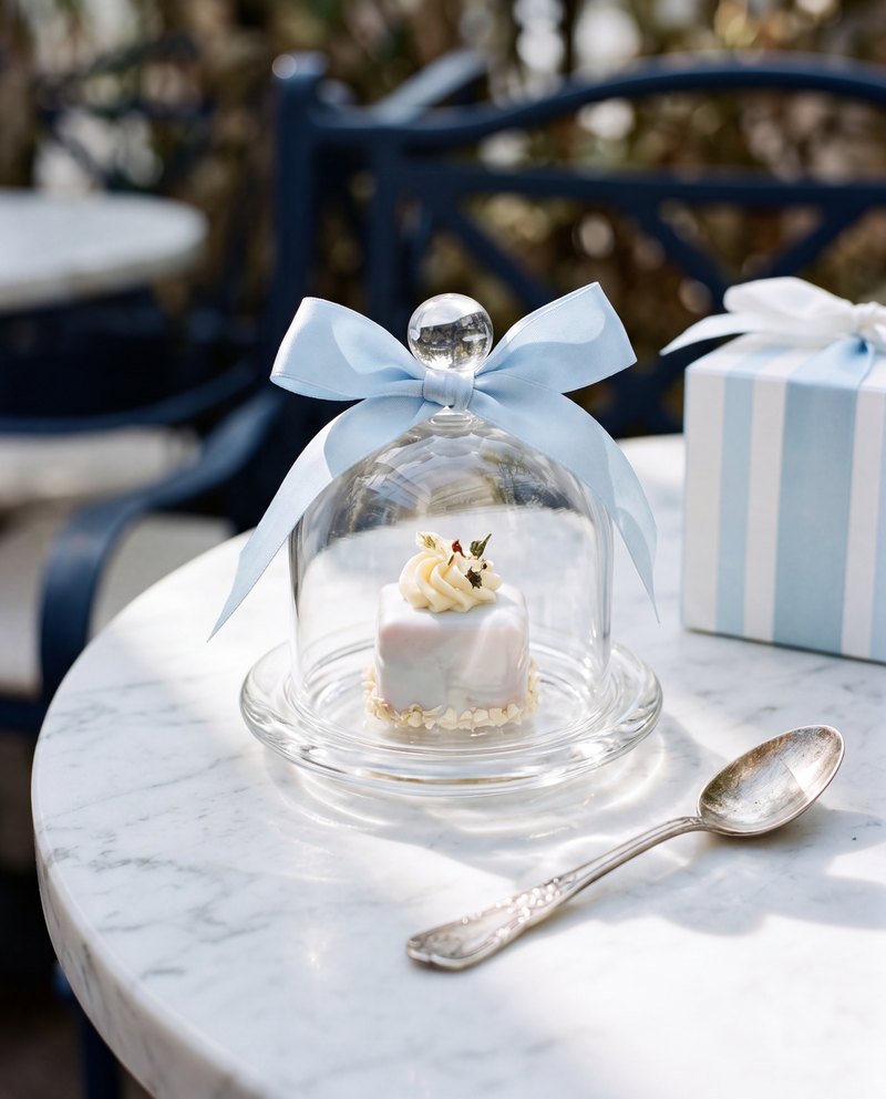 Petit four under a glass cloche with a blue bow