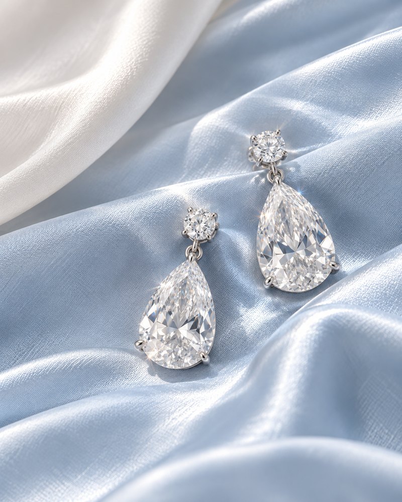 Pear-cut diamond earrings on blue silk